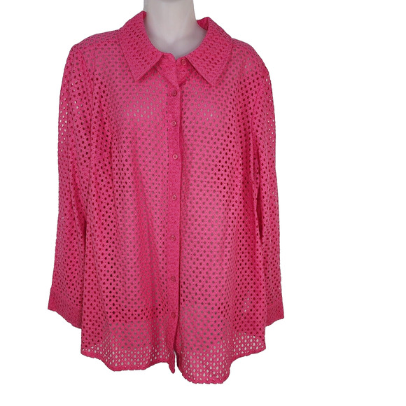 Denim & Co Shirt Womans Size 1X Pink Button Front Eyelet Long Sleeve A288398 - Picture 1 of 9